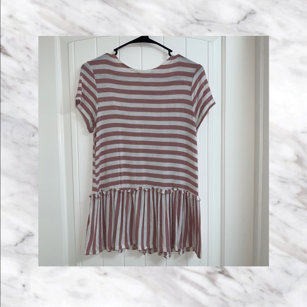 Pink and White Striped Ruffle tee - Picture 2 of 2